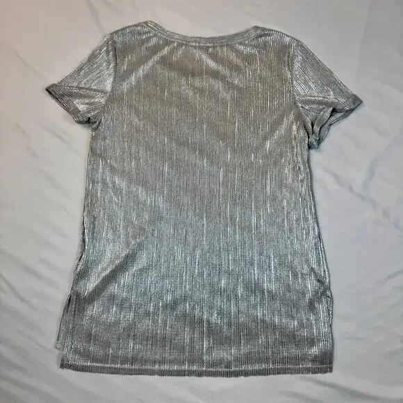 Bar III Metallic Ribbed Textured Top Silver Women’s Medium Scoop Neck Shimmer - Picture 14 of 16